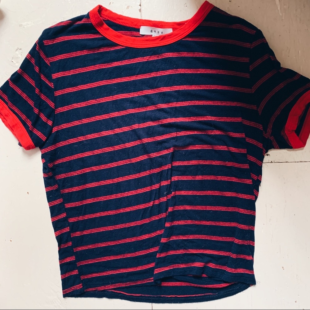 red & navy blue striped ringer tee
